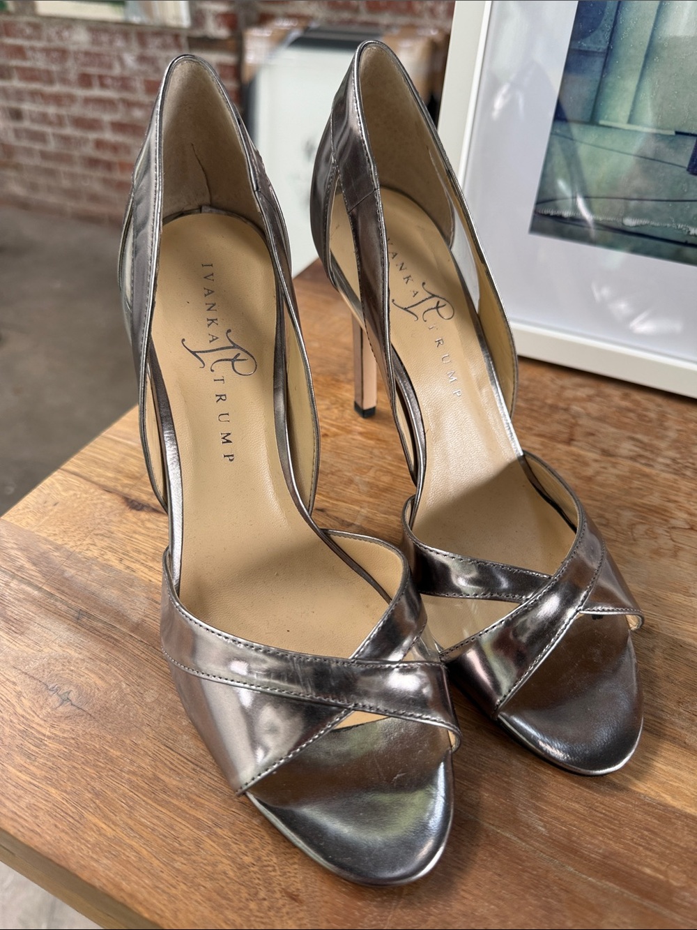 Ivanka Trump Metallic Silver Crisscross Peep-Toe Stiletto Heels